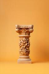decorative carved column plinth with space for item isolated on yellow studio background made with generative ai