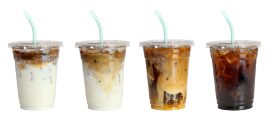 Set of cold ice caramel latte coffee and black Amricano coffee cold in to go plastic glass with straw and the lid on isolated clipping path clean cut on white background.