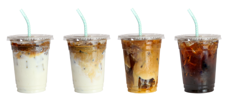 Set of cold ice caramel latte coffee and black Amricano coffee cold in to go plastic glass with straw and the lid on isolated clipping path clean cut on white background.