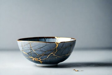 Minimalist elegance with a grey Kintsugi bowl on a light grey background. Ample copy space for your creative compositions and designs.