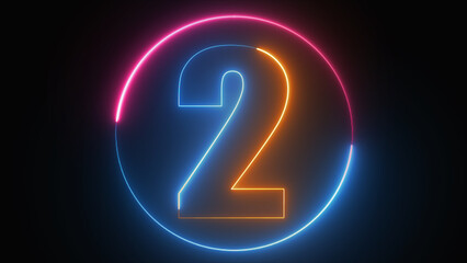 Neon 2 with neon circle, number two glowing in the dark, pink blue neon light, number two, the best digital symbol, 3d render, Education concept.
