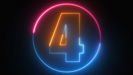 Neon text 4 with neon circle, number four glowing in the dark, pink blue neon light, number four, the best digital symbol, 3d render, Education concept.