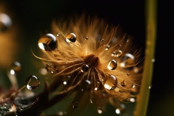 Close up water drops on dandelion seed in nature in yellow and gold tones. Ai generative.