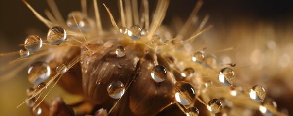 Banner close up water drops on dandelion seed in nature in yellow and gold tones. Ai generative.