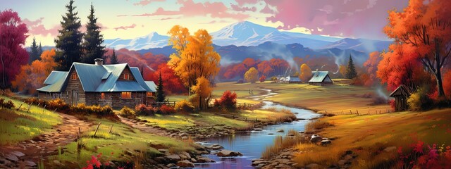 Fototapeta na wymiar painting style illustration banner wallpaper, beautiful Autumn rural countryside farmland landscape, Generative Ai