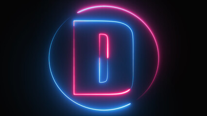 Neon Letter D with neon circle, Neon alphabet D glowing in the dark, pink blue neon light, Shine text D, the best digital symbol, 3d render, Education concept.