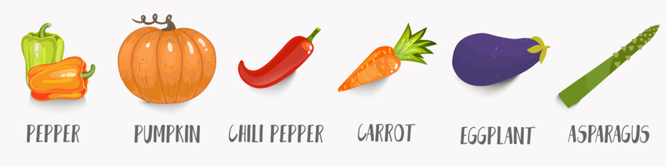 Vector vegetables icons set in cartoon style. Collection farm product for restaurant menu, market label.