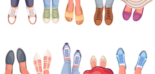 Top view of legs in sport and casual shoes set vector illustration. Cartoon isolated different male and female legs standing along frame border, feet of man and woman in socks and sneakers, moccasins