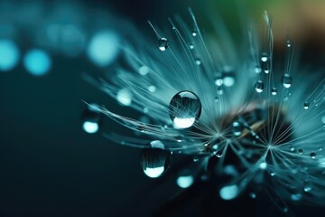 Beautiful dandelion in droplets of water on blue and turquoise background. Drops of dew sparkle on dandelion in rays of light. Ai generative.