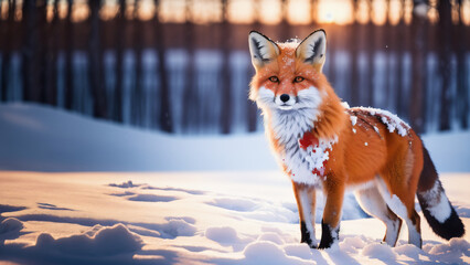 Beautiful red fox in a snowy landscape. Generative AI
