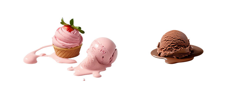 illustrazione con palline di gelato alla fragola e cioccolato isolate su sfondo trasparente, fragola, ombra, Generative Ai 