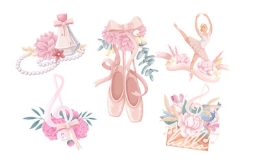Ballet dance and flowers set vector illustration. Cartoon isolated beauty ballet style collection with dancing ballerina in pink tutu and pointes, ribbons and perfume bottle, envelope with floral gift © Victoria Sergeeva