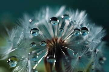 Beautiful dandelion in droplets of water on blue and turquoise background. Drops of dew sparkle on dandelion in rays of light. Ai generative.