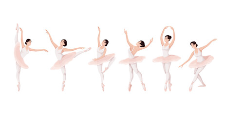 Ballerina dancing set vector illustration. Cartoon isolated beautiful female ballet dancers characters dance to music in ballroom, classic postures and movement collection of adorable prima ballerina