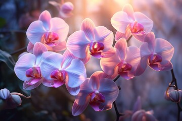 Fototapeta na wymiar Exotic orchid blooms illuminated by soft morning light