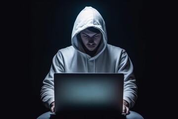 Ethical Hacker in White Hoodie Typing on Laptop for Cybersecurity Concept