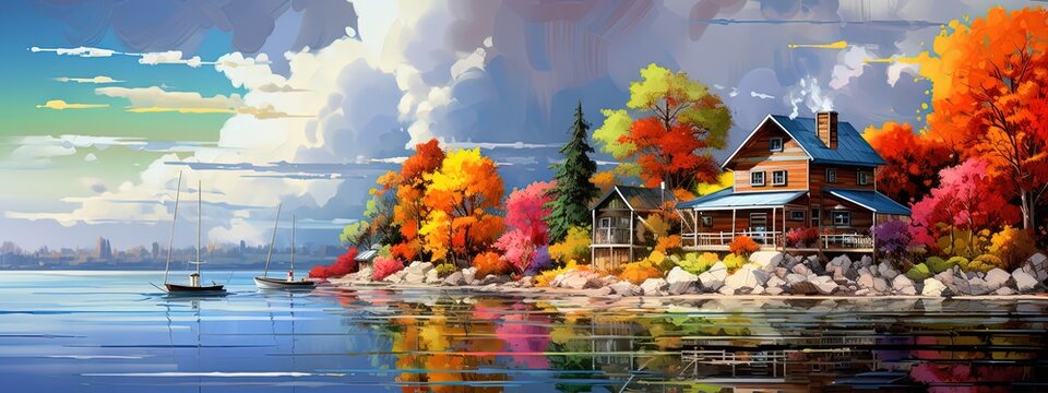  painting style illustration banner wallpaper, beautiful Autumn rural countryside wetland landscape, Generative Ai