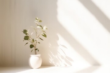 Minimalistic Abstract Background with Blurred Shadows of Leaves and Plants on White Wall