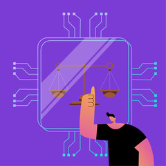 The ethics of artificial intelligence. The court is judged by artificial intelligence. AI use framework. The guy points to the chip in which there are scales as a sign of world justice. - obrazy, fototapety, plakaty