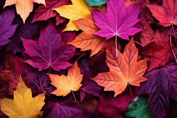 color of autumn, colorful falled leaves on stack on ground, Maple leaf abstract background, Generaitve Ai