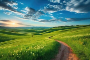 Serene Morning Walk on a Winding Path through a Lush Green Hillside