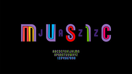Playful font, trendy colorful alphabet, letters (A, B, C, D, E, F, G, H, I, J, K, L, M, N, O, P, Q, R, S, T, U, V, W, X, Y, Z and numerals (0, 1, 2, 3, 4, 5, 6, 7, 8, 9), vector illustration 10eps
