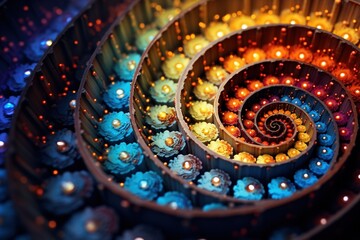 Fibonacci sequence represented by spirals of colorful dots