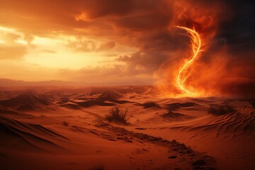 Fire tornado swirling in a desolate desert landscape