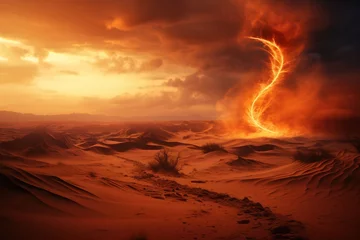 Photo sur Aluminium Rouge 2 Fire tornado swirling in a desolate desert landscape