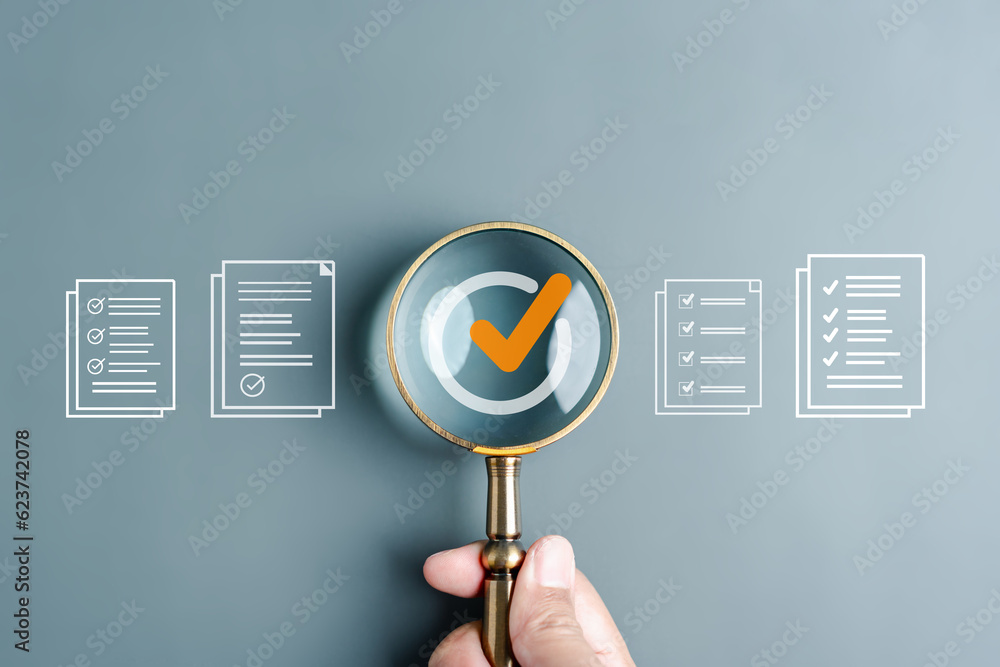 Aufkleber Document Management Checking System, online documentation database and process manage files, Magnifier check and focus to document folder, documentation. Corporate business technology concept.
