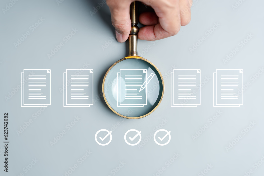 Aufkleber Document Management Checking System, online documentation database and process manage files, Magnifier check and focus to document folder, documentation. Corporate business technology concept.