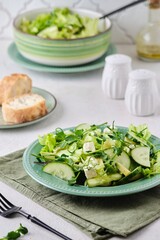 Healthy food, green salad with avocado, cucumber, microgreens and feta cheese on a green plate on a light concrete background. Green monotone.