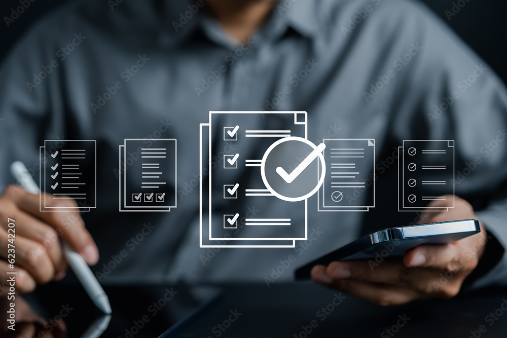 Aufkleber Document Management Checking System, online documentation database and process manage files, Magnifier check and focus to document folder, documentation. Corporate business technology concept.