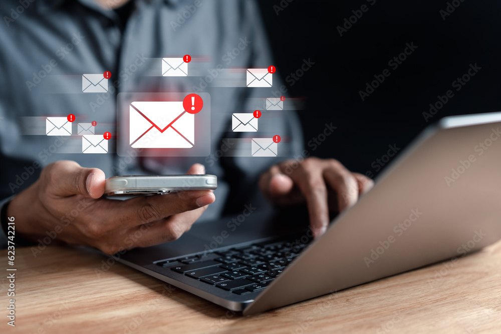 Fototapete Alert Email inbox and spam virus with warning caution for notification on internet letter security protect, junk and trash mail and compromised information...
