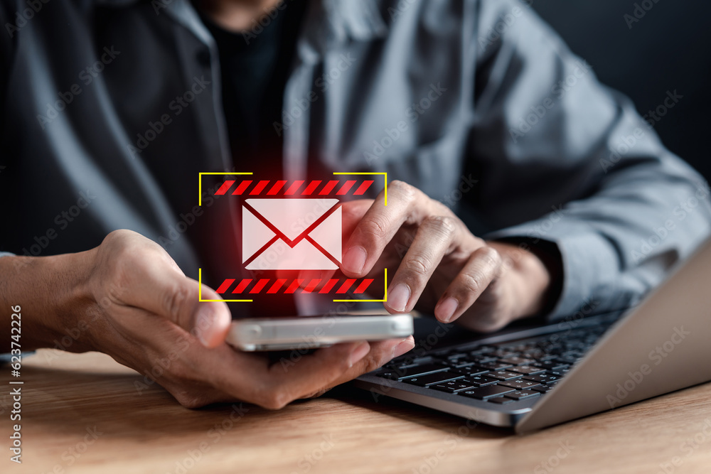 Fototapete Alert Email inbox and spam virus with warning caution for notification on internet letter security protect, junk and trash mail and compromised information...