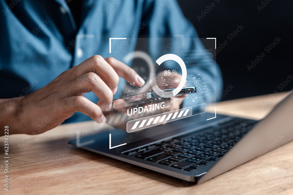 Fototapete Man programmer Update software system with loading information. Upgrade version system. Business technology internet with installing the update for the quality better..