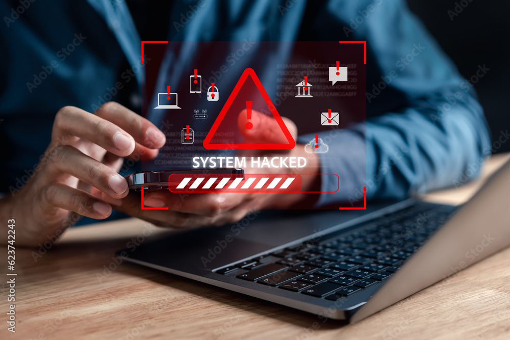 Poster Alert System hacked popup on screen, spam virus with warning caution for notification on internet security protect, code and cyber security and phishing spyware and compromised information.