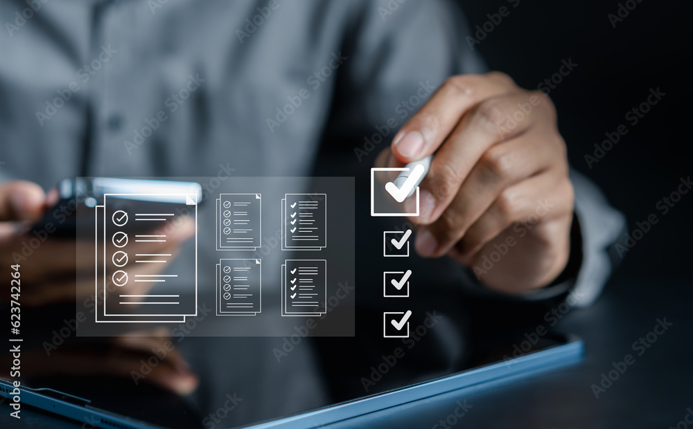 Aufkleber Document Management Checking System, online documentation database and process manage files, Magnifier check and focus to document folder, documentation. Corporate business technology concept.