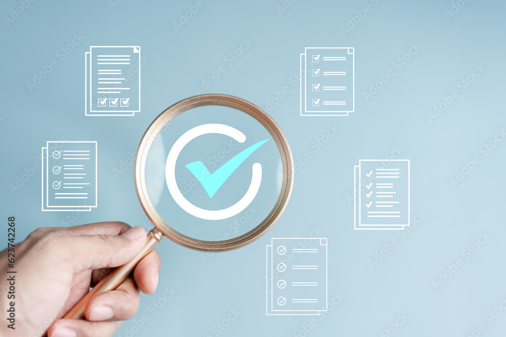 Aufkleber Document Management Checking System, online documentation database and process manage files, Magnifier check and focus to document folder, documentation. Corporate business technology concept.