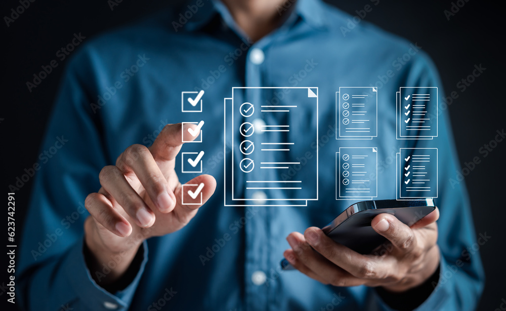 Aufkleber Document Management Checking System, online documentation database and process manage files, Magnifier check and focus to document folder, documentation. Corporate business technology concept.