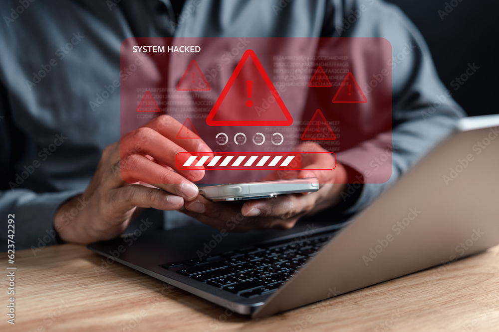 Poster Alert System hacked popup on screen, spam virus with warning caution for notification on internet security protect, code and cyber security and phishing spyware and compromised information.