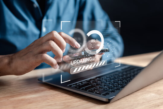 Man programmer Update software system with loading information. Upgrade version system. Business technology internet with installing the update for the quality better..