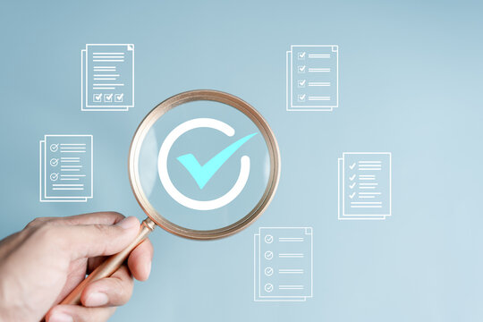 Document Management Checking System, online documentation database and process manage files, Magnifier check and focus to document folder, documentation. Corporate business technology concept.