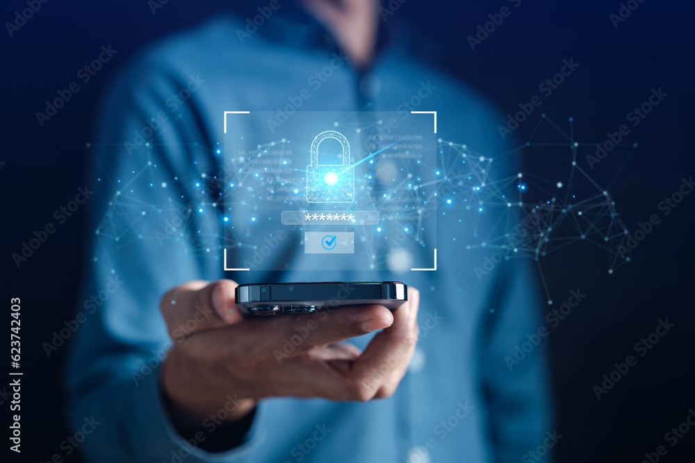Fototapete Cyber security connection network data protection, businessman holding virtual locking padlock icon online network secure, encryption security of personal data on smartphone technology.