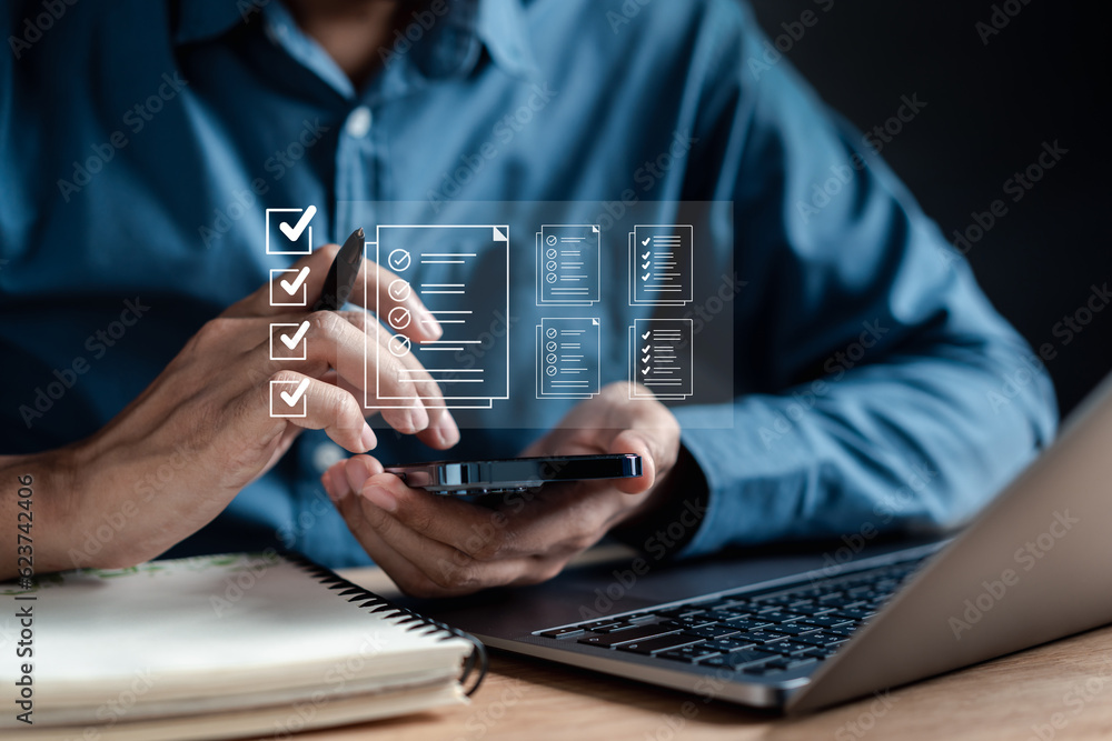 Aufkleber Document Management Checking System, online documentation database and process manage files, Magnifier check and focus to document folder, documentation. Corporate business technology concept.