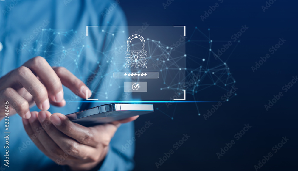 Fototapete Cyber security connection network data protection, businessman holding virtual locking padlock icon online network secure, encryption security of personal data on smartphone technology.