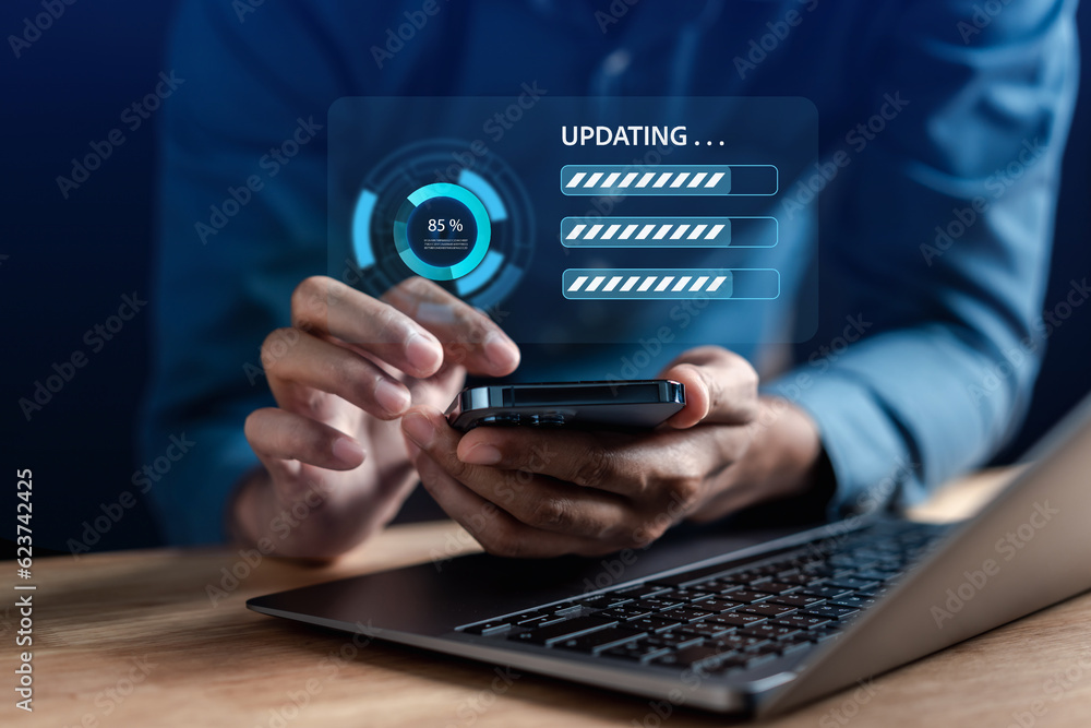Fototapete Man programmer Update software system with loading information. Upgrade version system. Business technology internet with installing the update for the quality better..