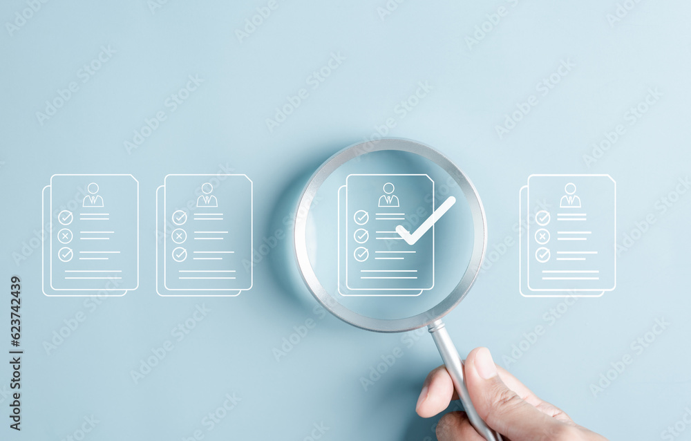 Poster Document Management Checking System, online documentation database and process manage files, Magnifier check and focus to document folder, documentation. Corporate business technology concept.