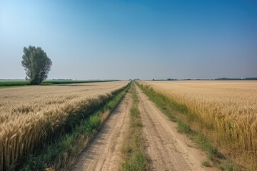 Fototapeta na wymiar Landscape in countryside with a wide field of cereals and a pasture divided by a deserted road against a blue summer sky. Ai generative.