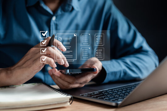 Document Management Checking System, online documentation database and process manage files, Magnifier check and focus to document folder, documentation. Corporate business technology concept.